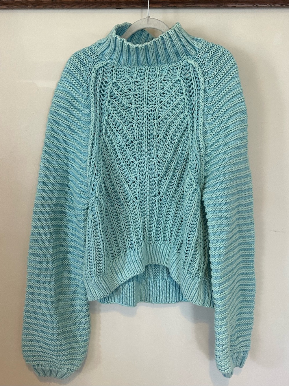 Free People Light Aqua Cable Knit Mock Neck Sweater - Women